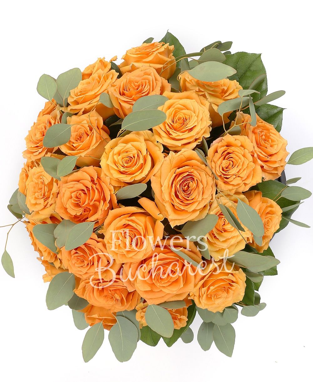 29 orange roses, greenery