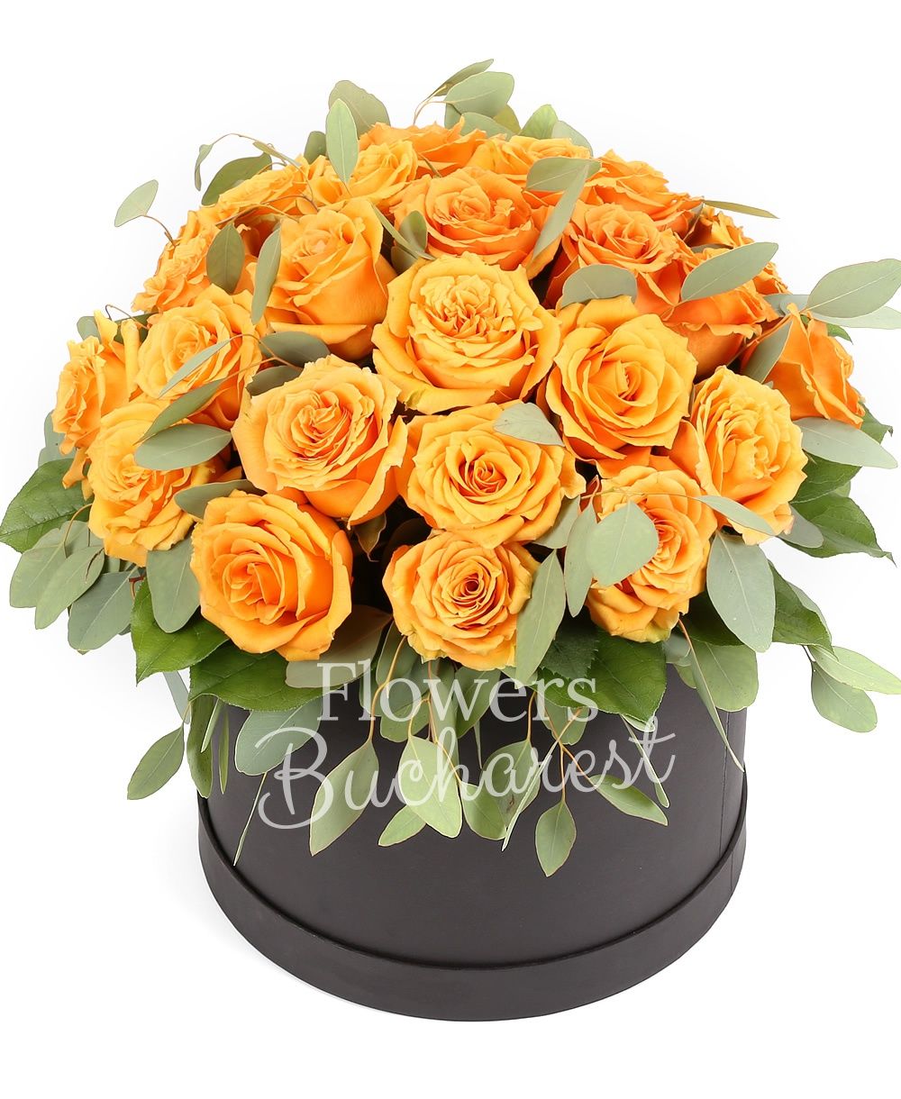 29 orange roses, greenery