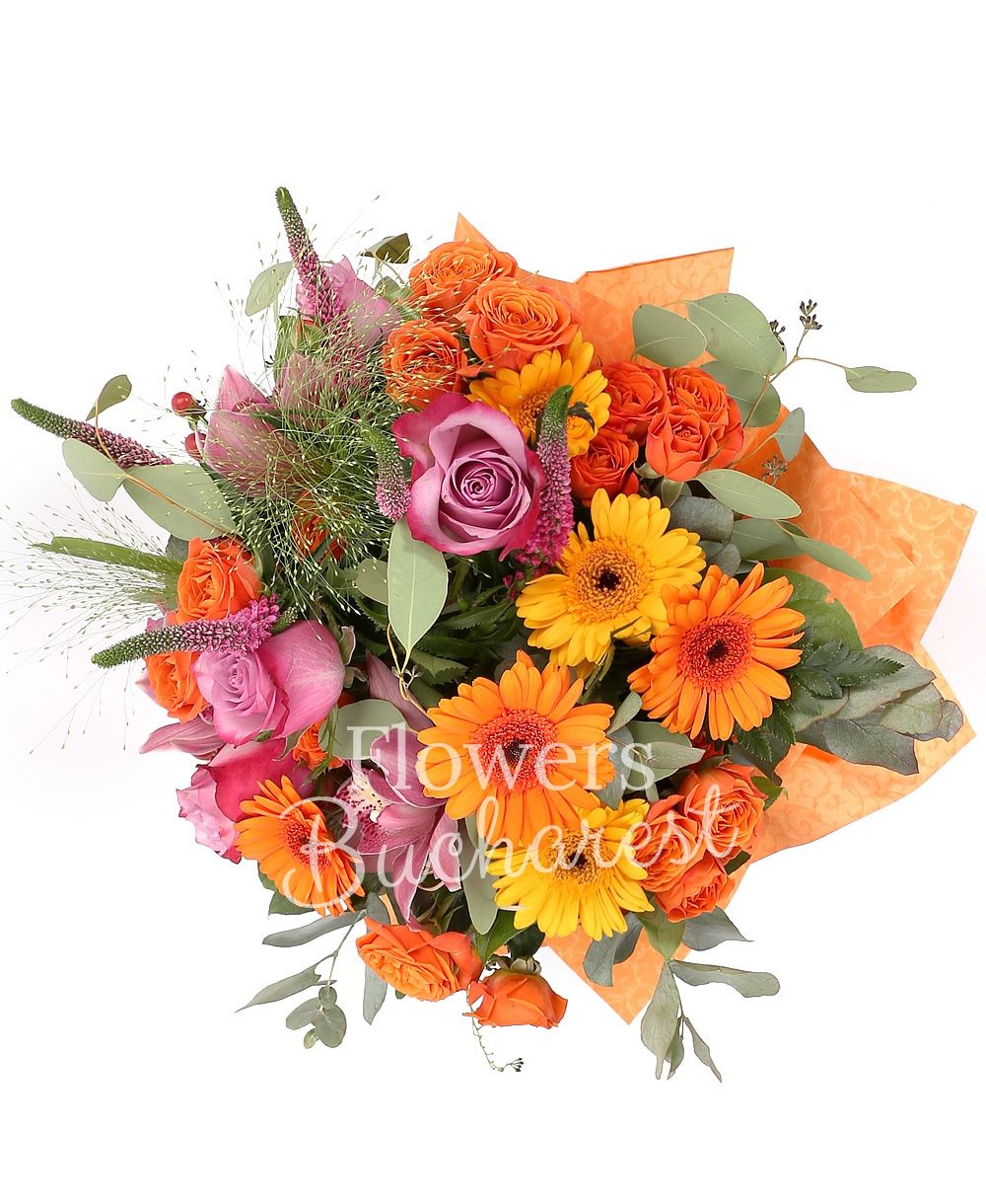 5 purple roses, 5 purple miniroses, 5 pink veronica, 7 orange gerberas, 3 pink cymbidium, 2 red hypericum, 1 panicum, greenery