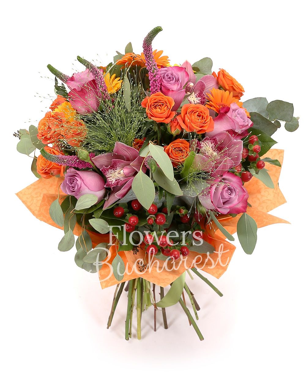 5 purple roses, 5 purple miniroses, 5 pink veronica, 7 orange gerberas, 3 pink cymbidium, 2 red hypericum, 1 panicum, greenery