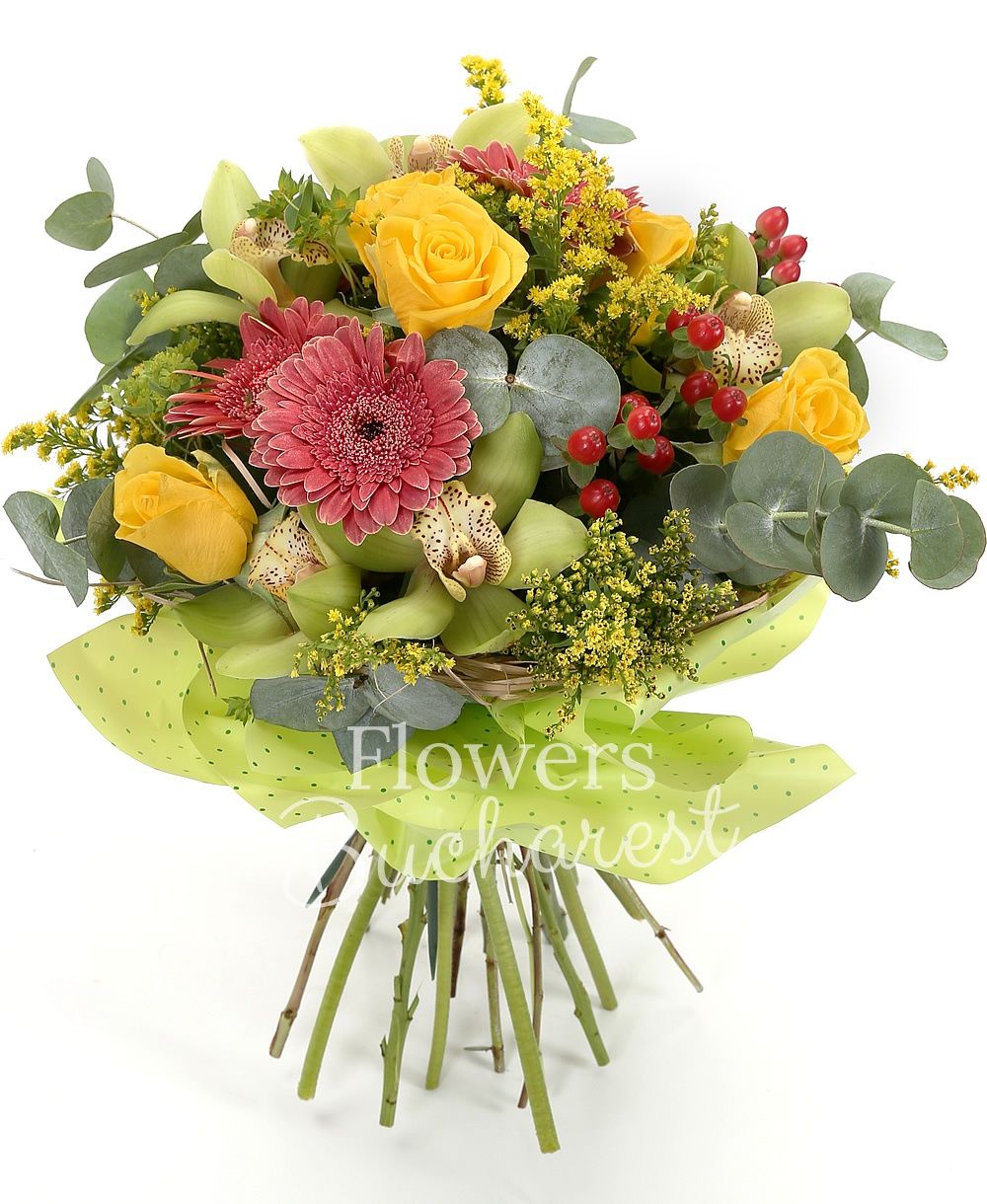 5 yellow roses, 4 gerbera, 3 hypericum, 3 solidago, green cymbidium, greenery