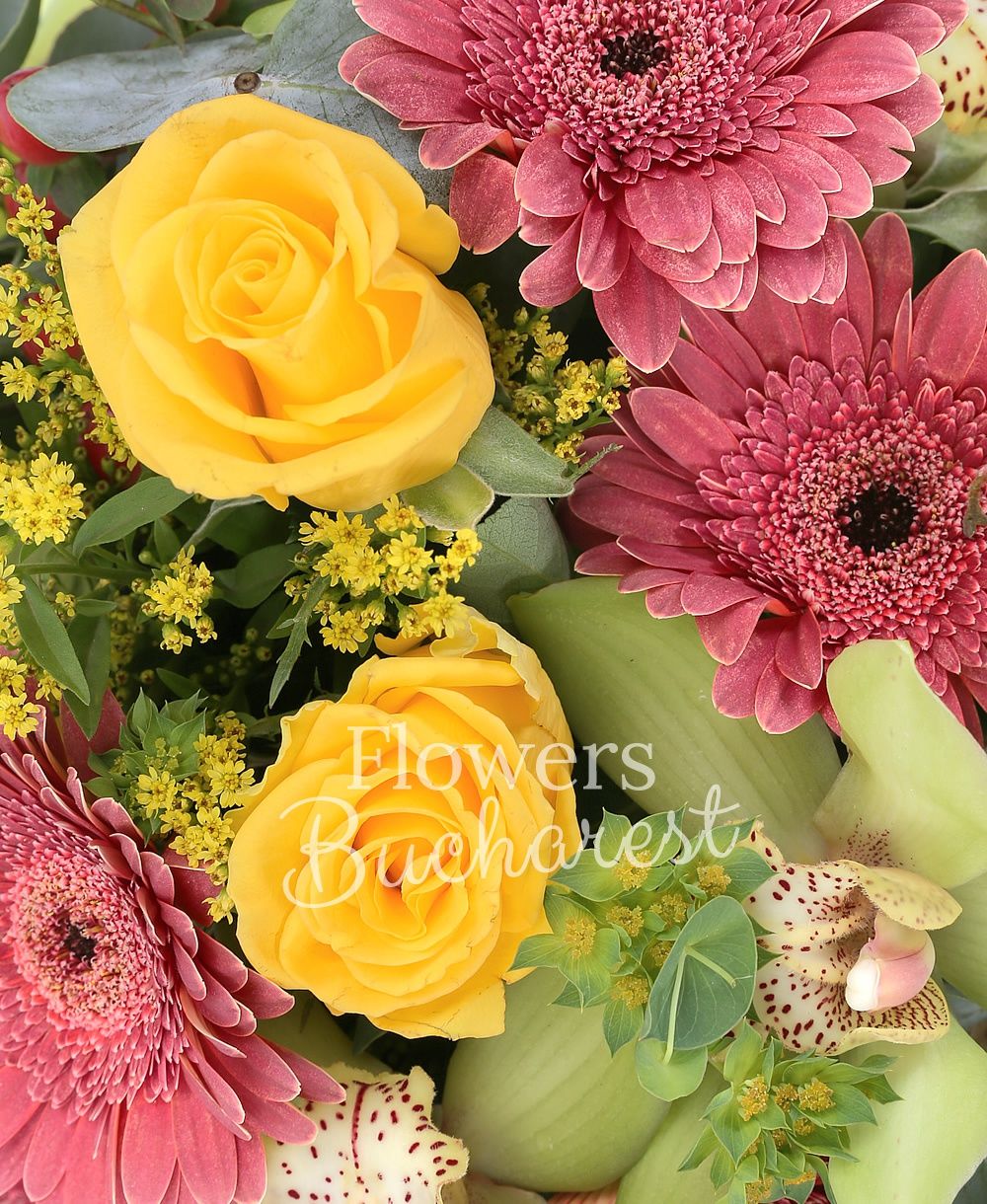 5 yellow roses, 4 gerbera, 3 hypericum, 3 solidago, green cymbidium, greenery