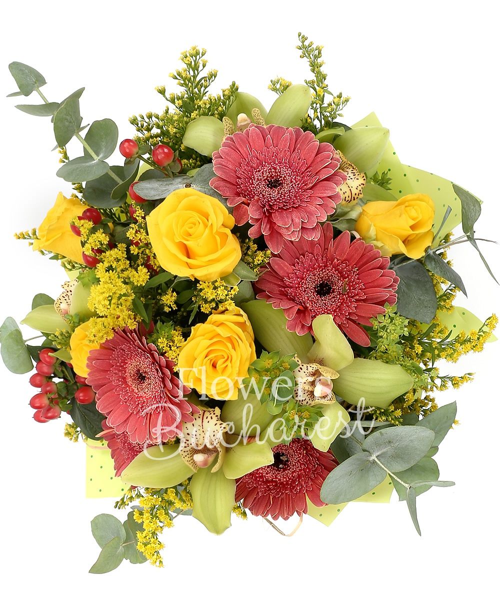 5 yellow roses, 4 gerbera, 3 hypericum, 3 solidago, green cymbidium, greenery