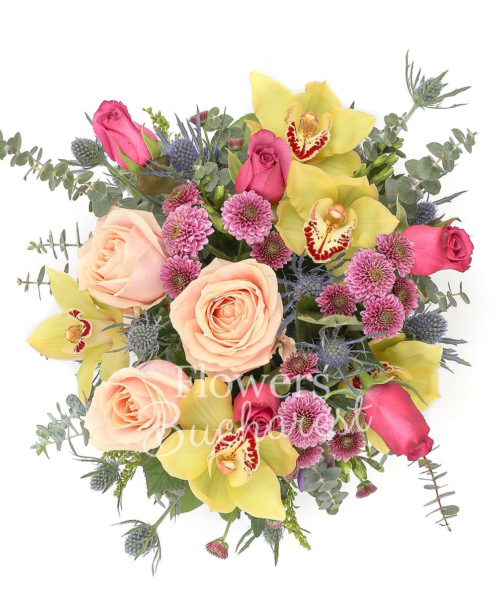 3 peach roses, 5 cyclam roses, 3 pink santini, 3 blue eryngium, yellow cymbidium, greenery