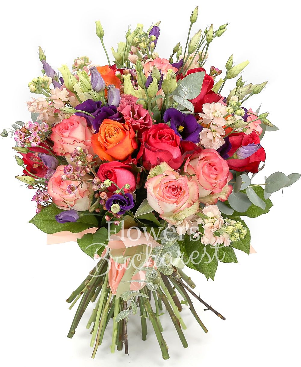 10 pink roses, 5 cyclam roses, 3 orange roses, 7 cream mathiolla, 7 mauve lisianthus, greenery