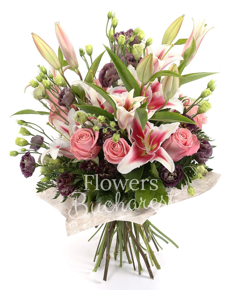 7 pink roses, 3 pink lilies, 7 lisianthus, greenery