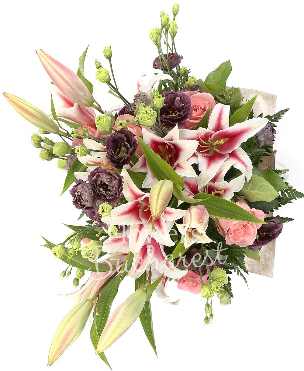 7 pink roses, 3 pink lilies, 7 lisianthus, greenery