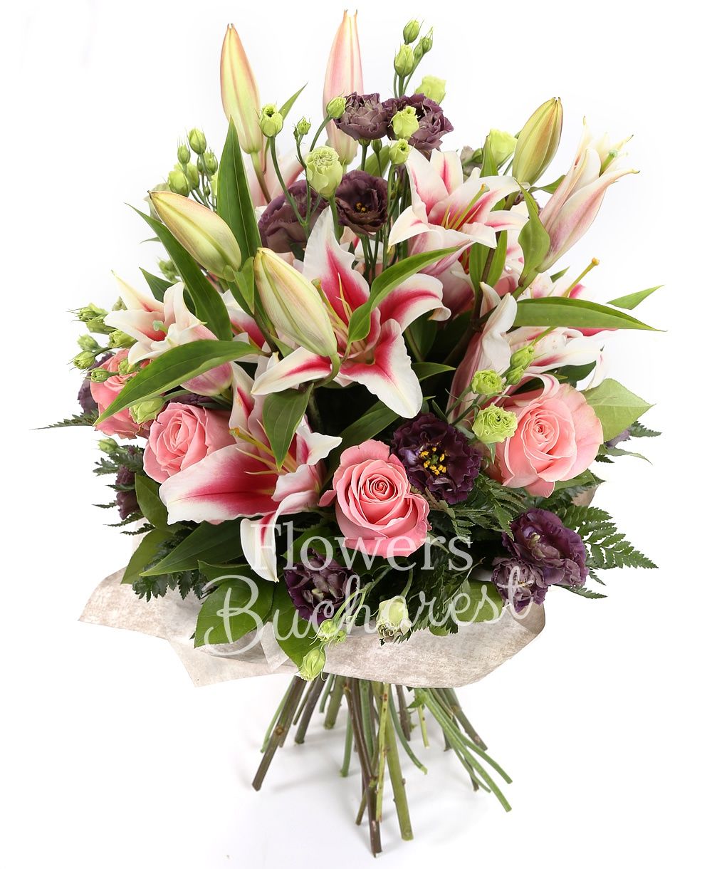 7 pink roses, 3 pink lilies, 7 lisianthus, greenery