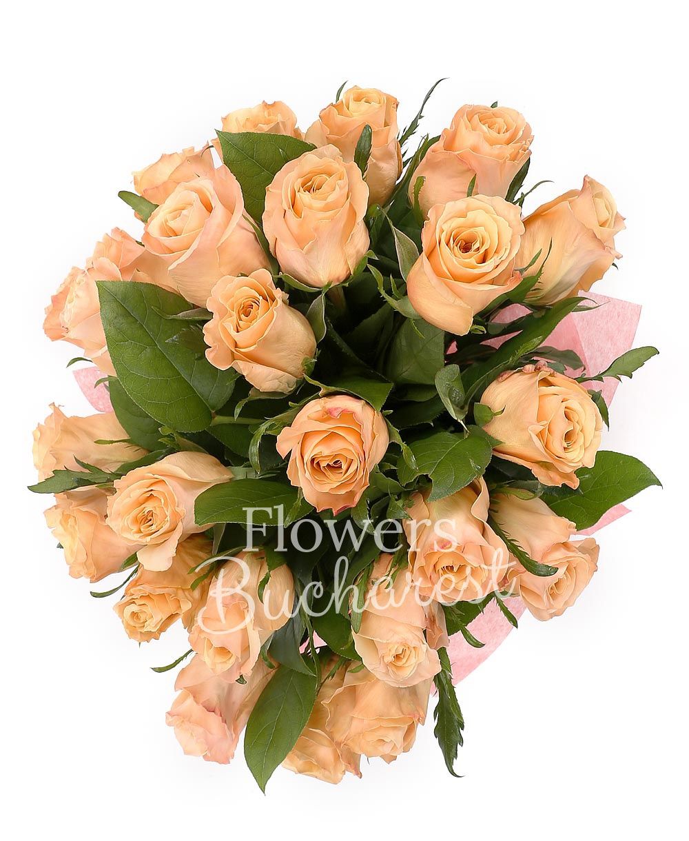 27 peach roses, greenery