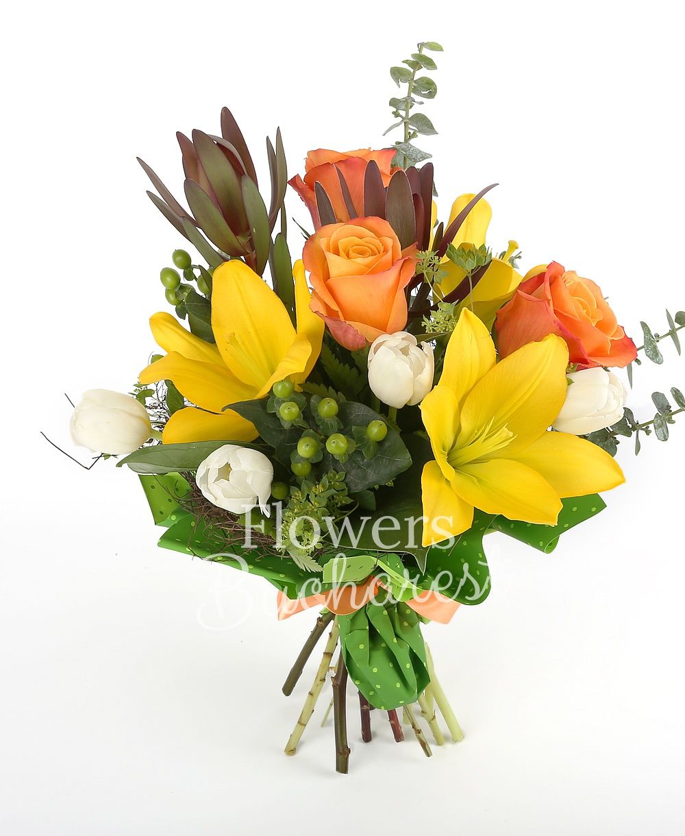 1 yellow lily, 3 orange roses, 2 leucadendron. 3 green hypericum, 5 white tulips, greenery