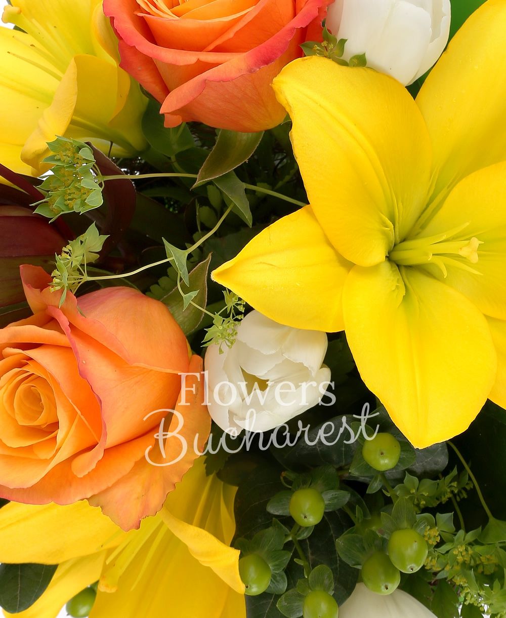 1 yellow lily, 3 orange roses, 2 leucadendron. 3 green hypericum, 5 white tulips, greenery