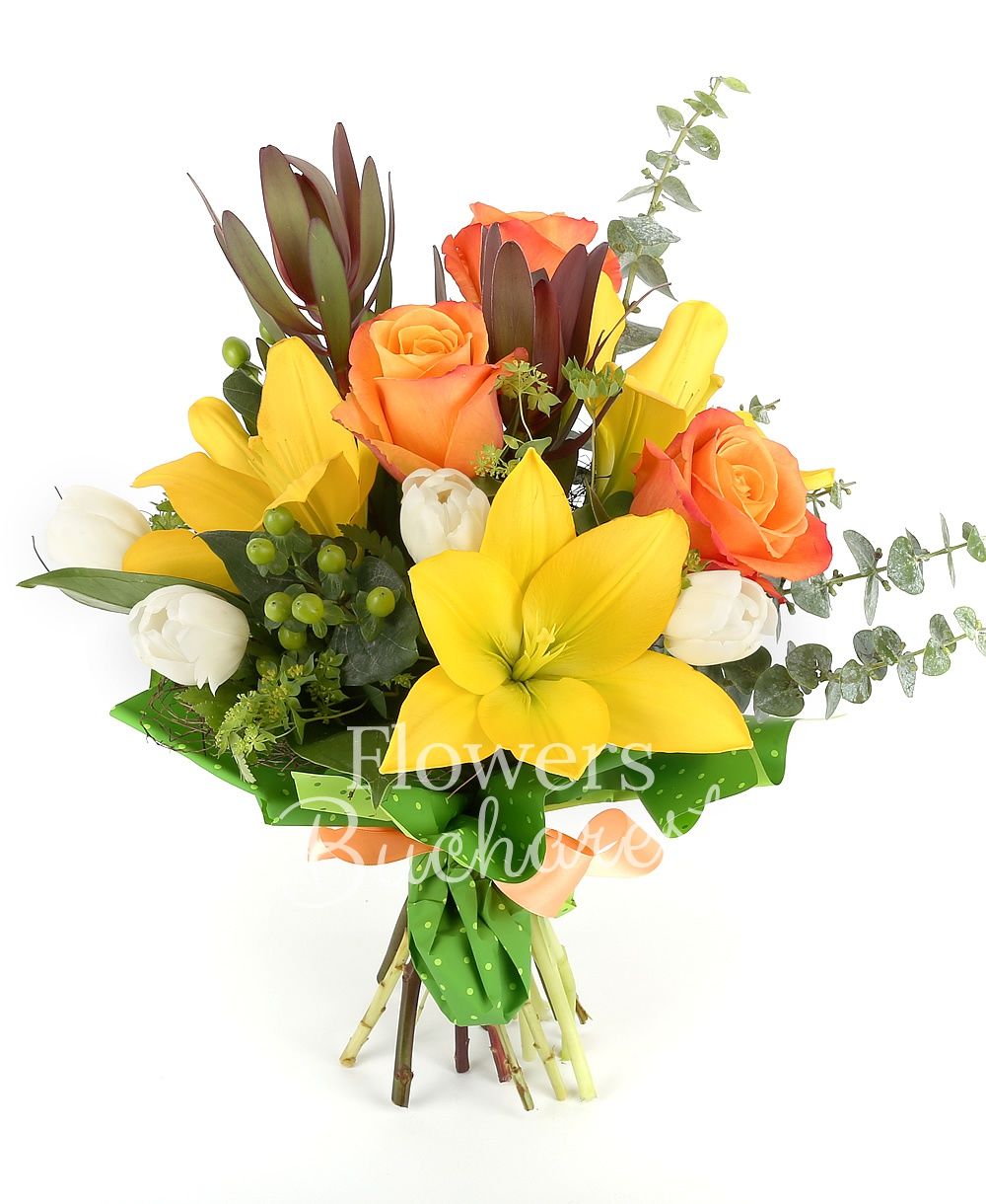 1 yellow lily, 3 orange roses, 2 leucadendron. 3 green hypericum, 5 white tulips, greenery