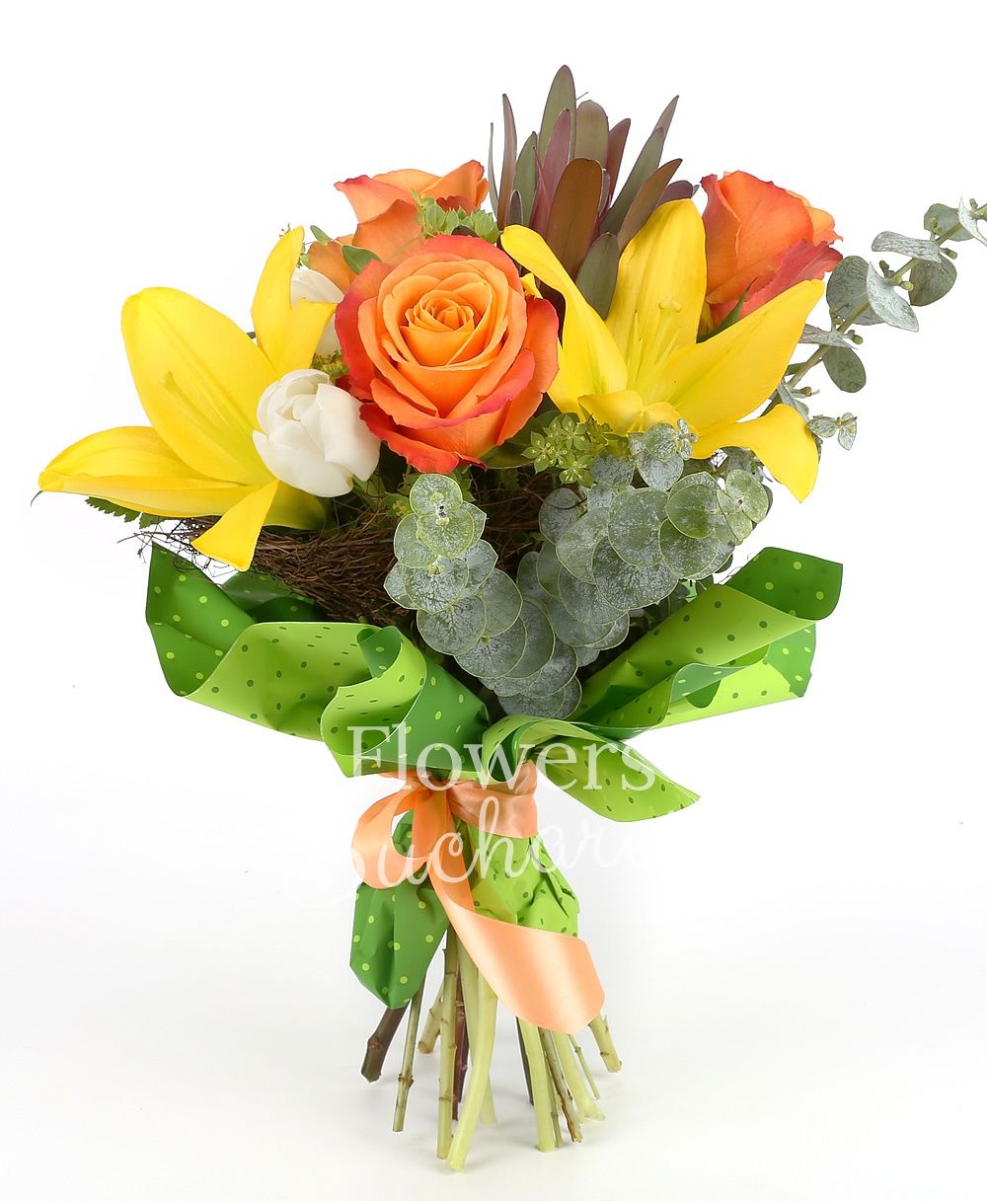 1 yellow lily, 3 orange roses, 2 leucadendron. 3 green hypericum, 5 white tulips, greenery