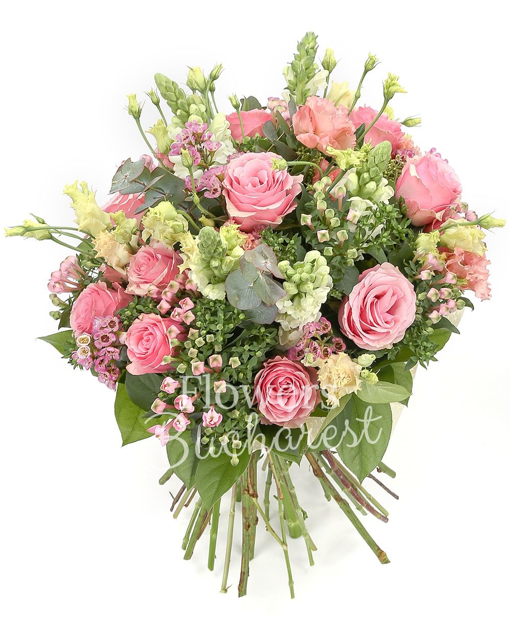 11 pink roses, 5 antirrhinum, 7 pink bouvardia, 5 pink lisianthus, waxflower, greenery