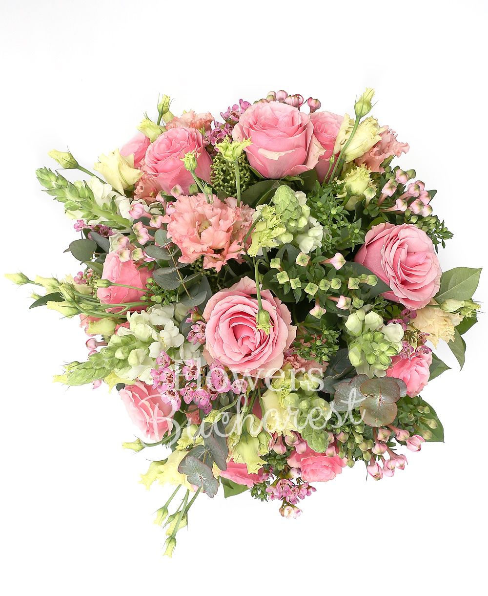 11 pink roses, 5 antirrhinum, 7 pink bouvardia, 5 pink lisianthus, waxflower, greenery