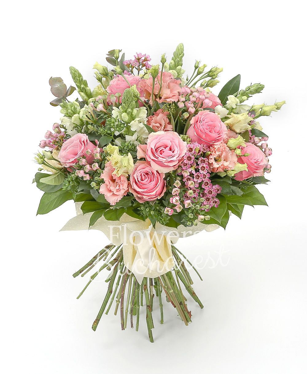 11 pink roses, 5 antirrhinum, 7 pink bouvardia, 5 pink lisianthus, waxflower, greenery