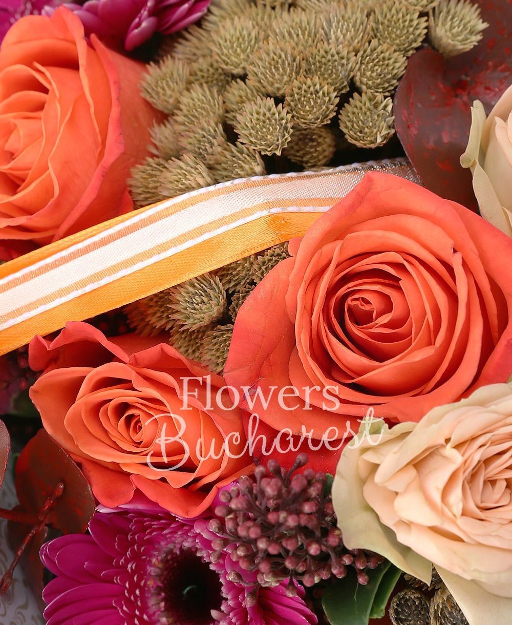 5 orange roses, 3 cyclam gerberas, 2 cream miniroses, 1 gerbera, brunia, schimia, greenery