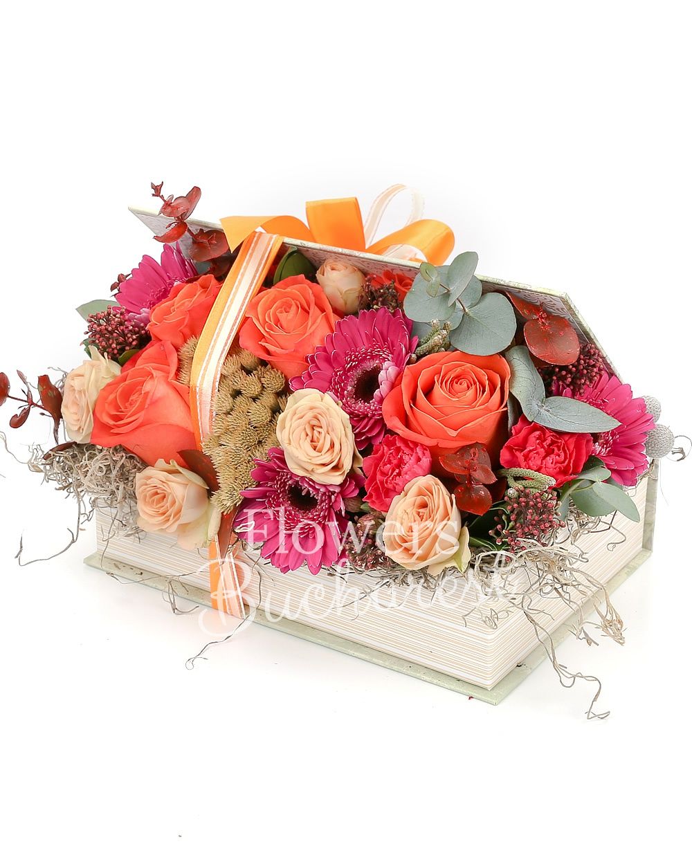 5 orange roses, 3 cyclam gerberas, 2 cream miniroses, 1 gerbera, brunia, schimia, greenery