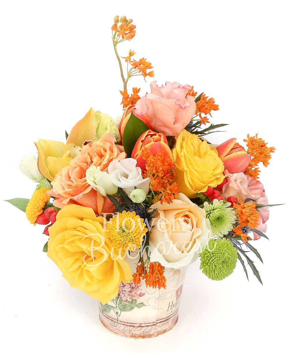 3 cream roses, 4 red tulips, 2 asclepias, 1 santini, 1 hypericum, 1 eryngium, yellow cymbidium, 2 lisianthus, greenery