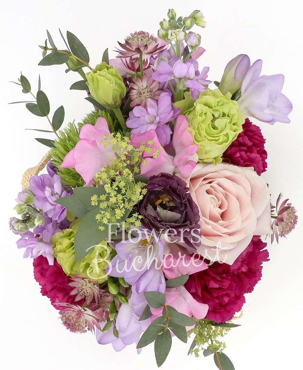 2 matthiola, 5 mauve freesias, astranția, 2 pink roses, 2 green lisianthus, 3 cyclam carnations, greenery