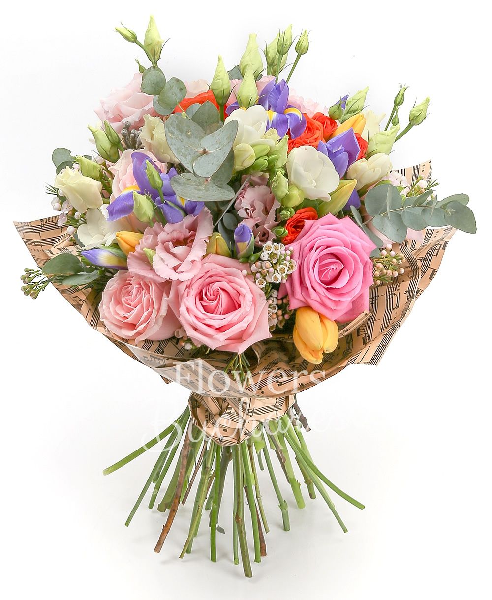 3 pink roses, 5 pink lisianthus, 2 white waxflower, 5 brunia, 5 iris, 3 orange miniroses, 5 yellow tulips, 5 white freesias, greenery