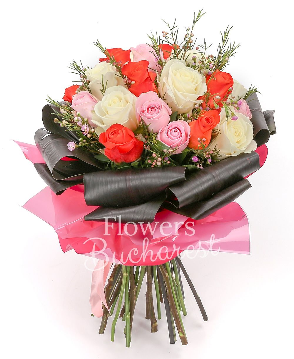 7 white roses, 7 pink roses, 7 orange roses, 5 pink waxflower, 10 aspidistra, greenery