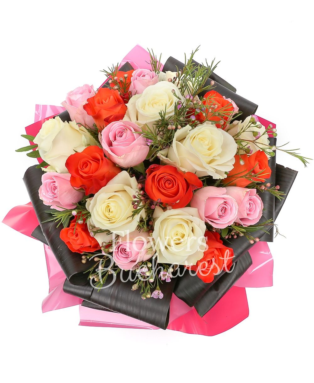 7 white roses, 7 pink roses, 7 orange roses, 5 pink waxflower, 10 aspidistra, greenery