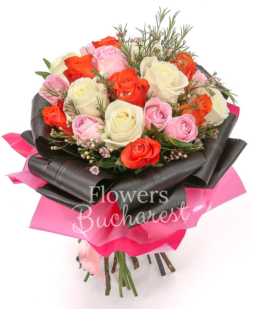 7 white roses, 7 pink roses, 7 orange roses, 5 pink waxflower, 10 aspidistra, greenery