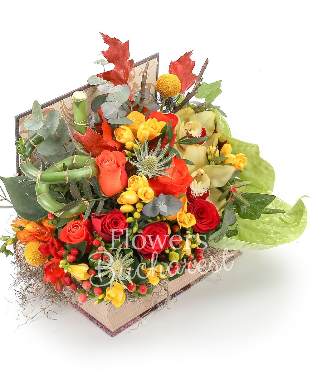 2 green anthurium, 4 orange roses, 3 red roses, 10 yellow freesias, 1 bambus, 1 eryngium, 2 red hypericum, 3 craspedia, yellow cymbidium, greenery