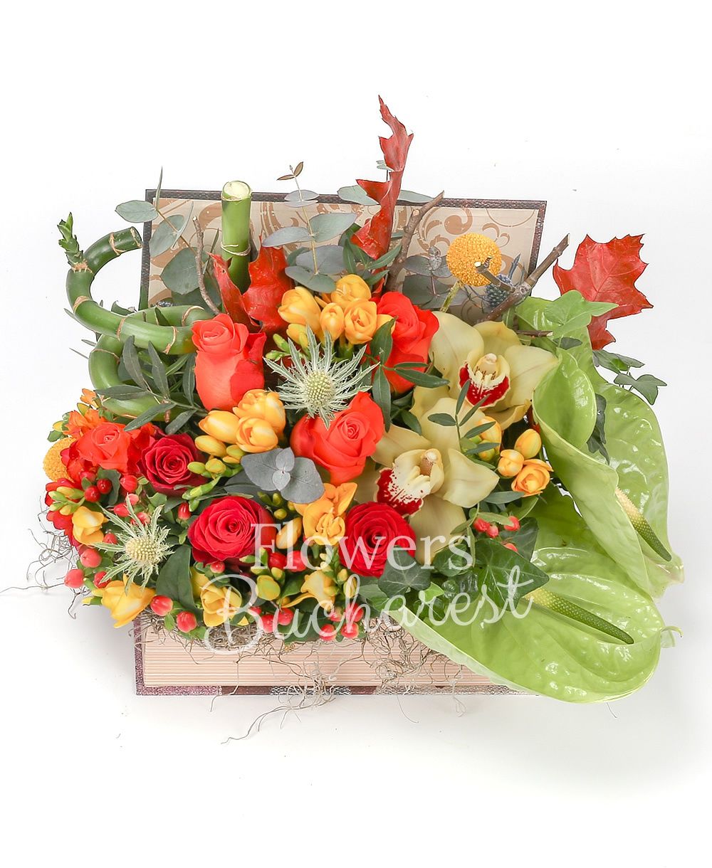 2 green anthurium, 4 orange roses, 3 red roses, 10 yellow freesias, 1 bambus, 1 eryngium, 2 red hypericum, 3 craspedia, yellow cymbidium, greenery