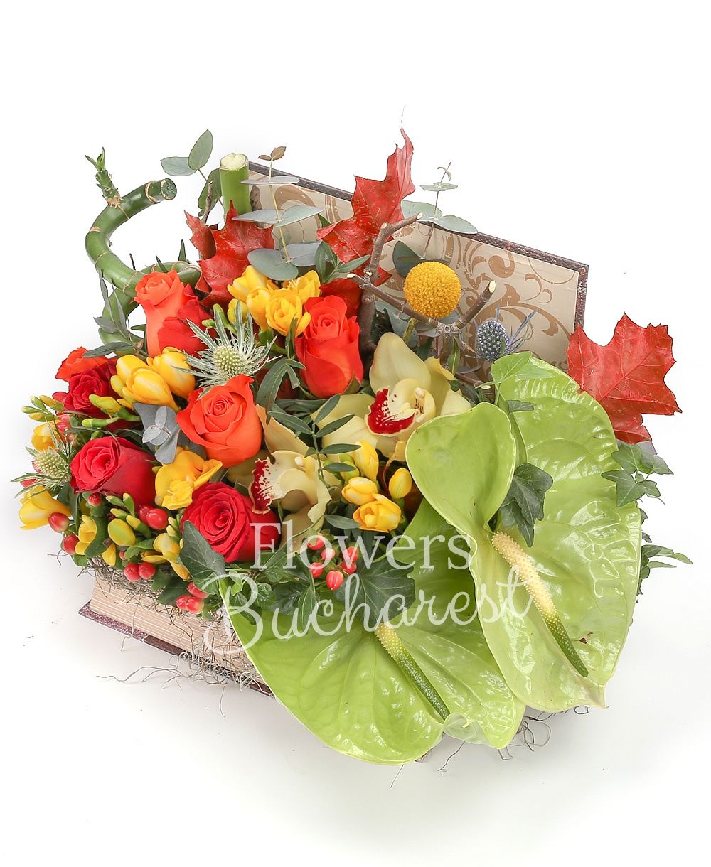 2 green anthurium, 4 orange roses, 3 red roses, 10 yellow freesias, 1 bambus, 1 eryngium, 2 red hypericum, 3 craspedia, yellow cymbidium, greenery