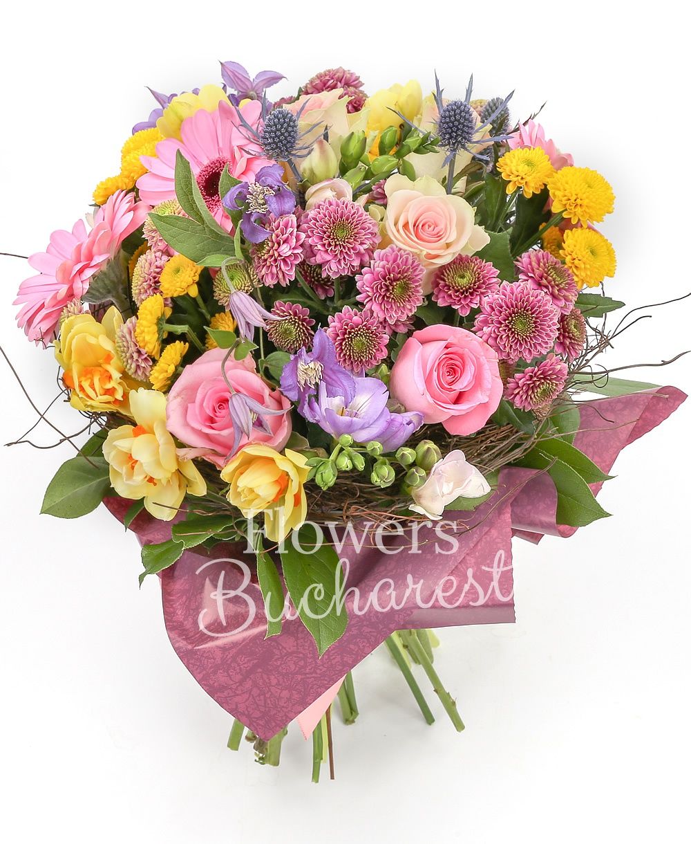 5 pink roses, 5 mauve santini, 5 yellow santini, 3 pink gerbera, 2 eryngium, 5 mauve freesias, 10 yellow daffodils, 3 mauve clematis, greenery