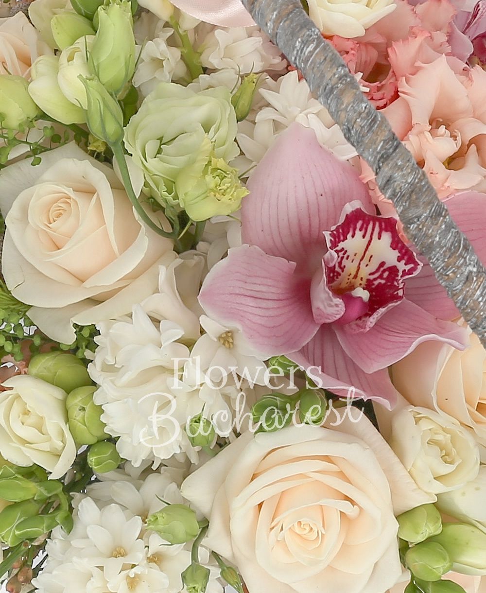 5 cream roses, 2 white lisianthus, 3 pink lisianthus, pink cymbidium, 3 white hyacinthus, 10 white freesias, basket