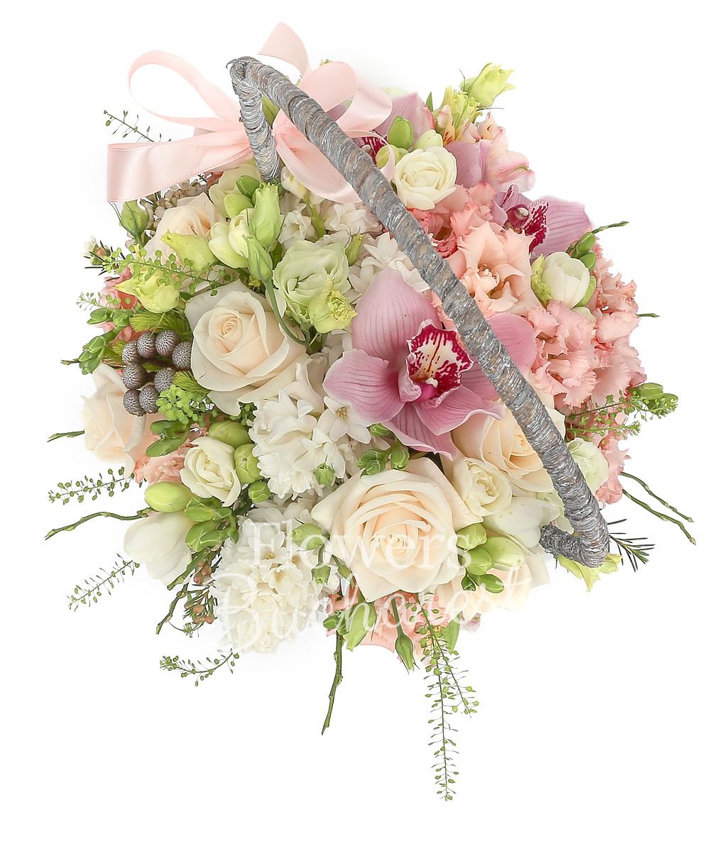 5 cream roses, 2 white lisianthus, 3 pink lisianthus, pink cymbidium, 3 white hyacinthus, 10 white freesias, basket