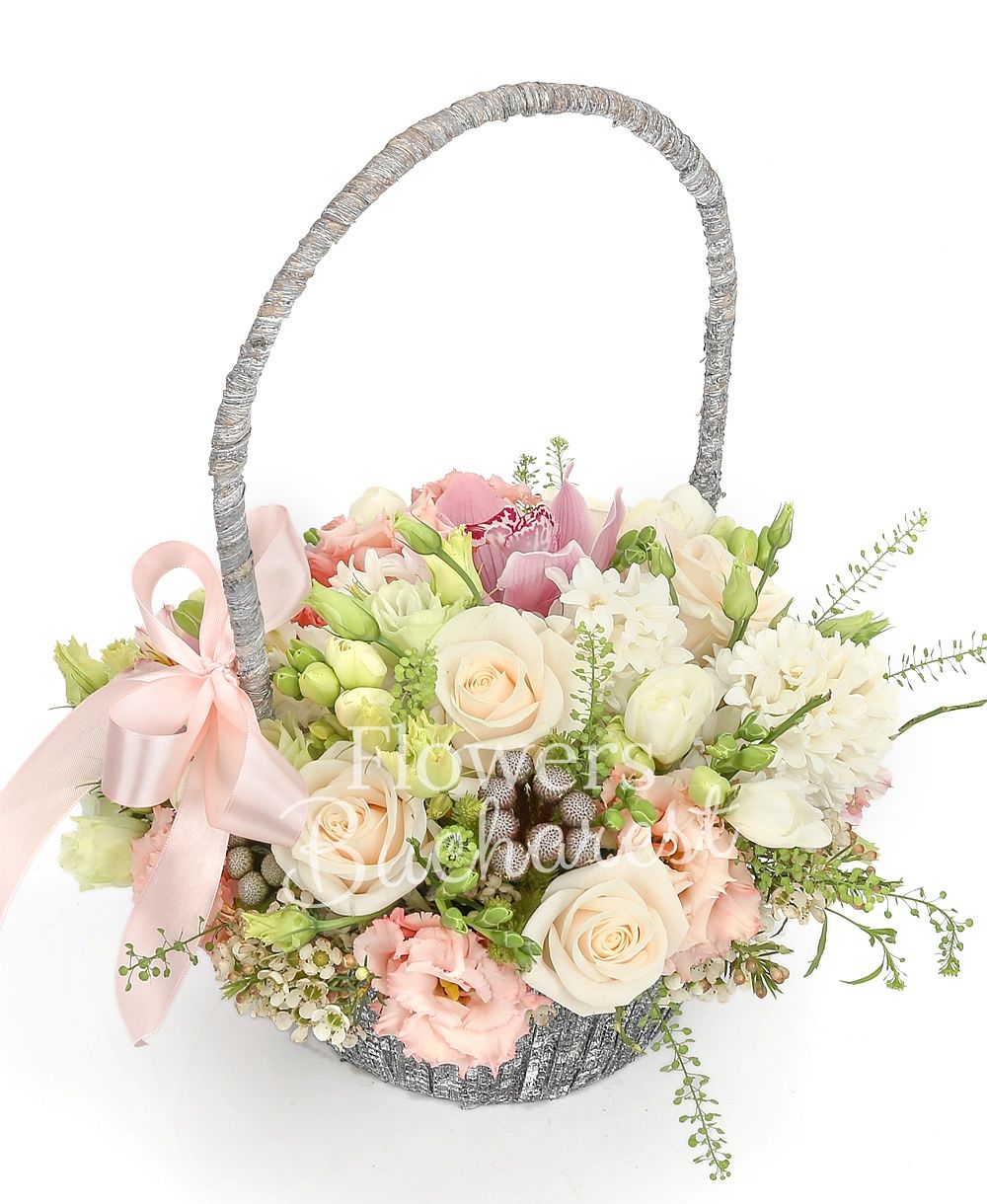 5 cream roses, 2 white lisianthus, 3 pink lisianthus, pink cymbidium, 3 white hyacinthus, 10 white freesias, basket