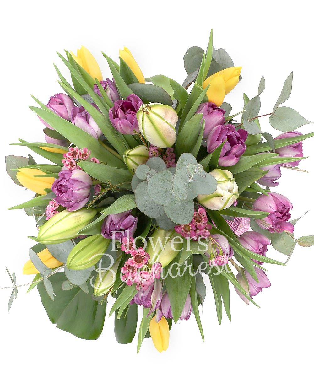 2 imperial pink lilies, 10 yellow tulips, 15 purple tulips, 2 pink waxflowers, greenery