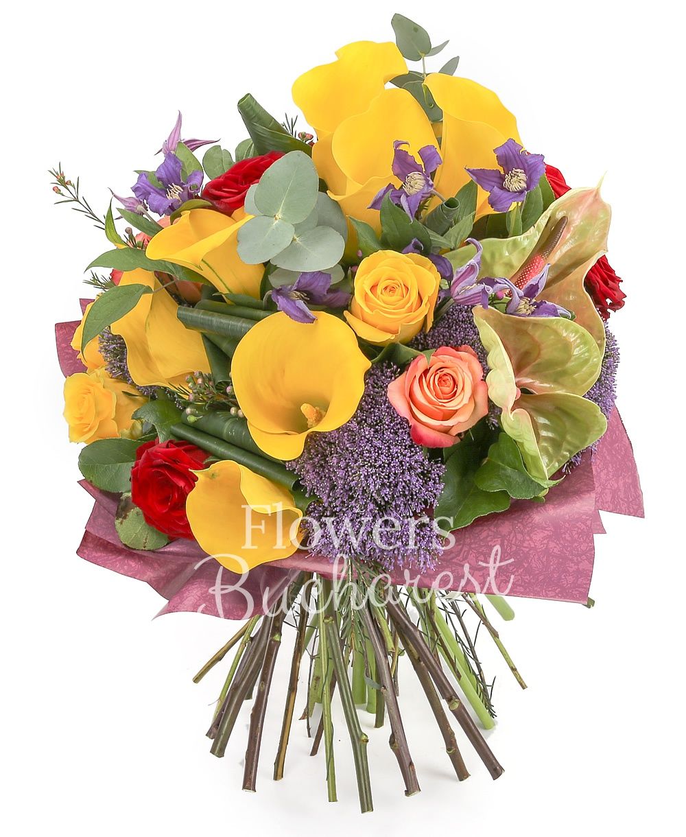 5 yellow cala, 4 red roses, 5 yellow roses, 3 orange roses, 3 clematis, 2 green anthurium, 2 pink waxflower, 3 mauve trachelium, greenery