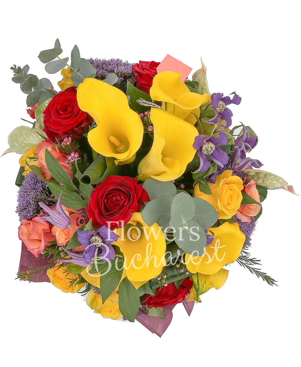 5 yellow cala, 4 red roses, 5 yellow roses, 3 orange roses, 3 clematis, 2 green anthurium, 2 pink waxflower, 3 mauve trachelium, greenery