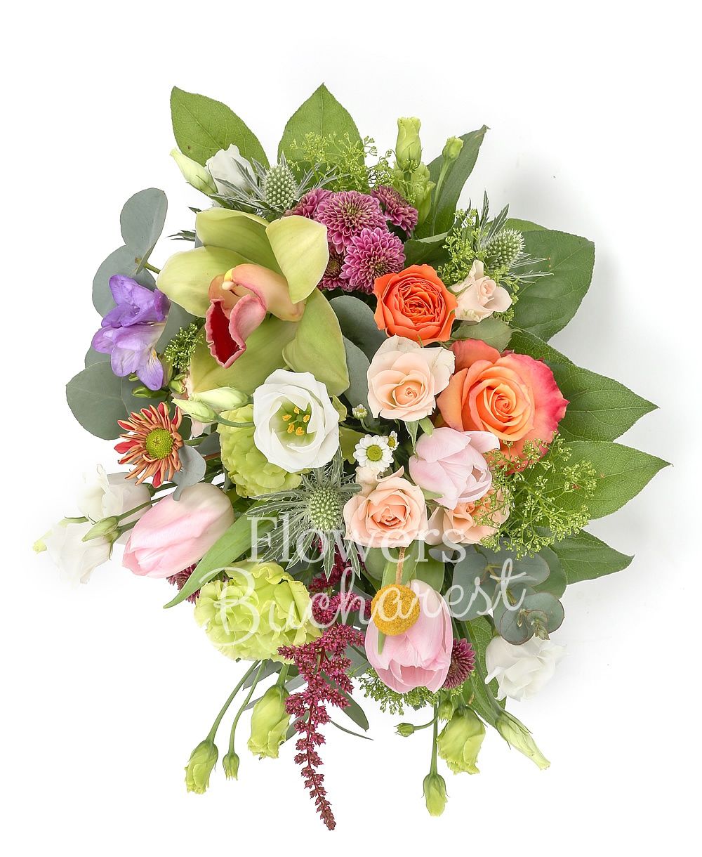 3 pink tulips, 2 green lisianthus, 2 white lisianthus, 2 pink miniroses, 2 green cymbidium, 1 eryngium, 2 orange roses, 3 purple freesias, 2 red astilbe, 2 purple santini, basket