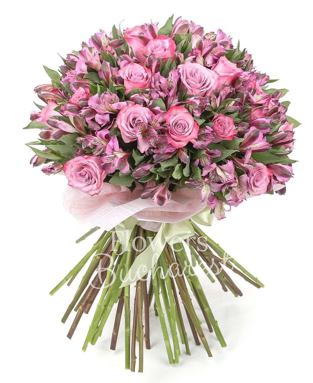 20 pink alstroemeria, 15 purple roses