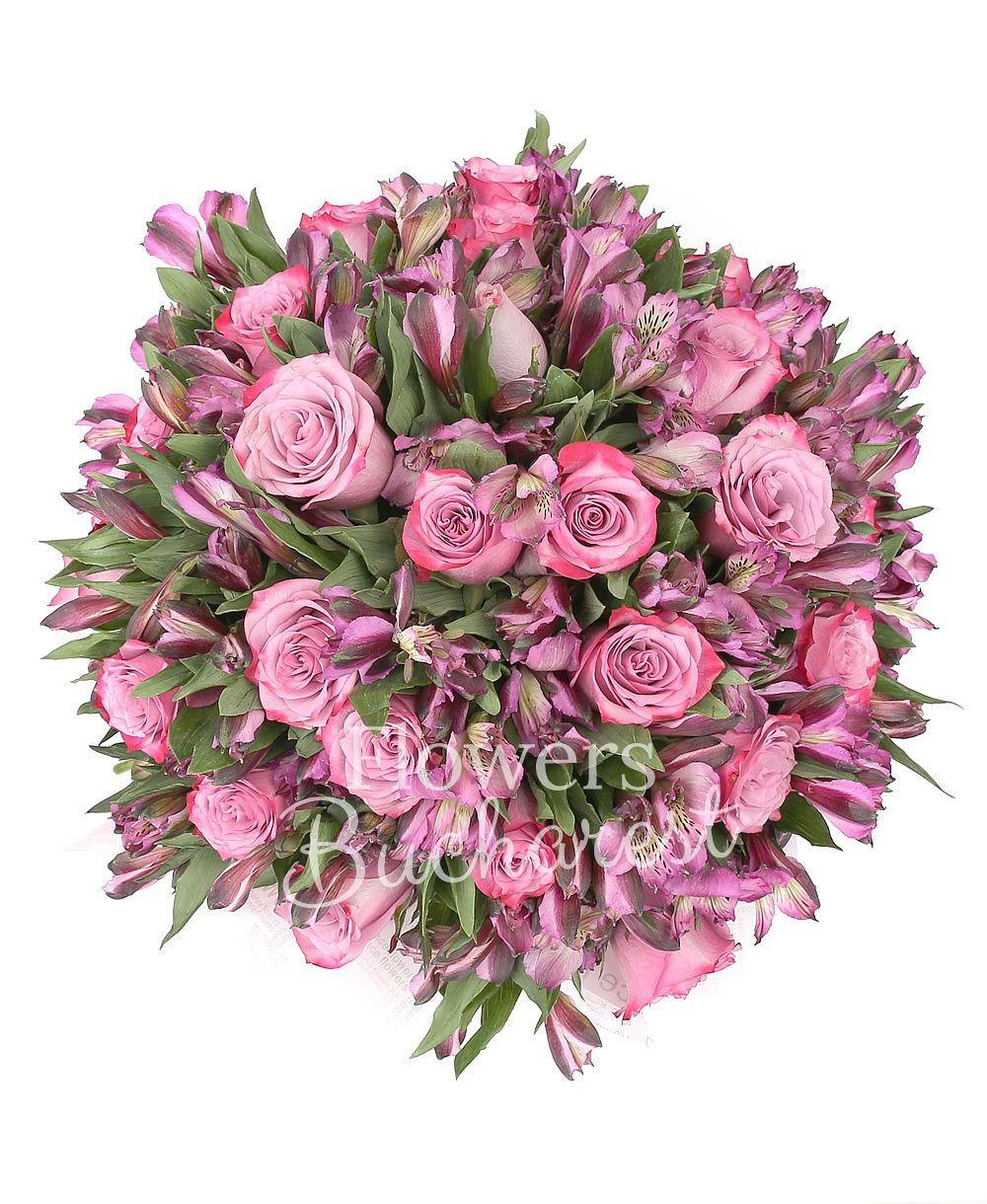 20 pink alstroemeria, 15 purple roses