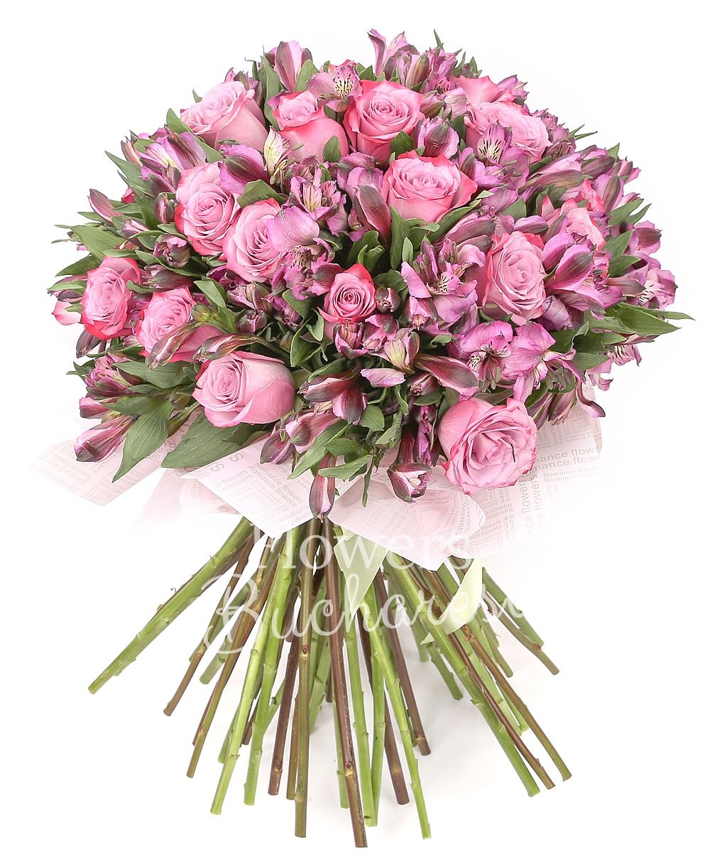 20 pink alstroemeria, 15 purple roses