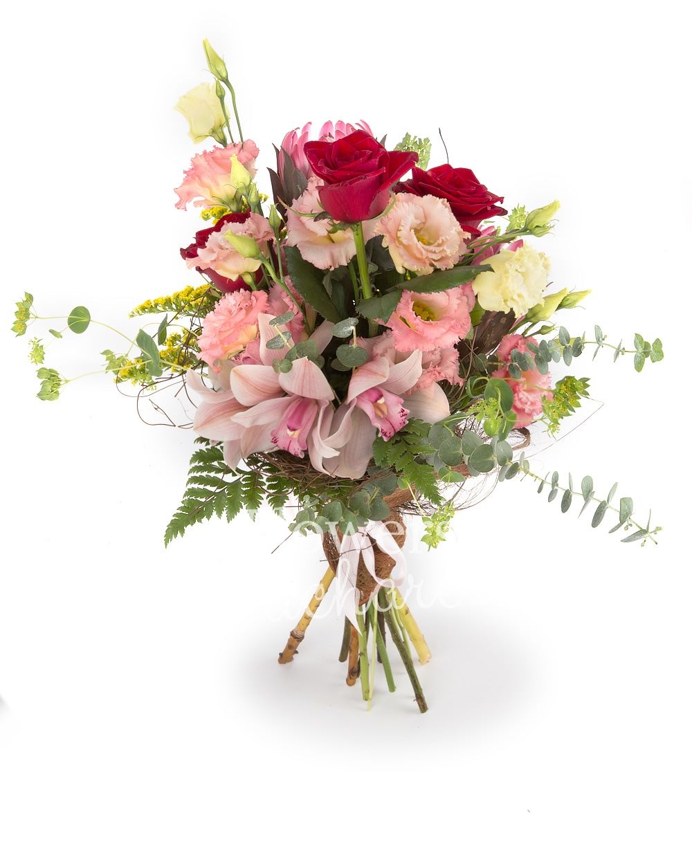 2 proteea, 3 red roses, 5 pink lisianthus, pink cymbidium, 3 solidago, bupleurum, greenery