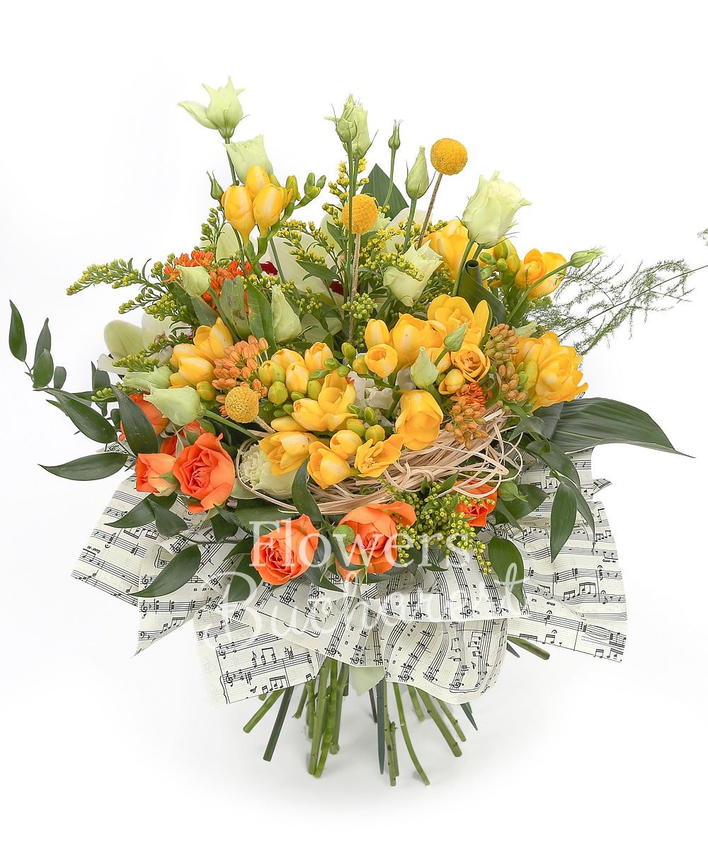 3 cream lisianthus, 10 yellow freesias, 3 orange asclepias, 3 orange miniroses, green cymbidium, 2 solidago, 3 aspidistra, 3 craspedia, greenery