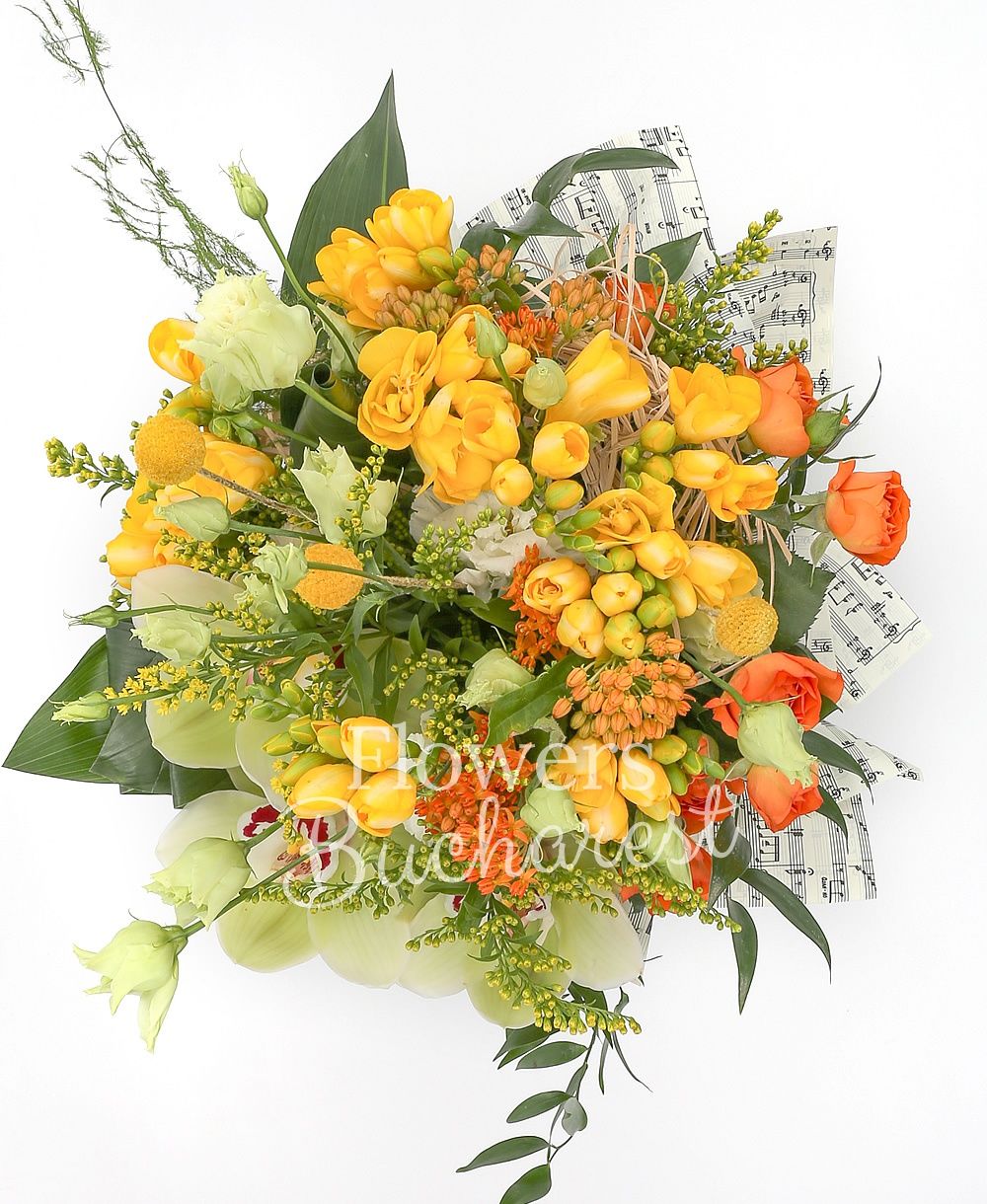 3 cream lisianthus, 10 yellow freesias, 3 orange asclepias, 3 orange miniroses, green cymbidium, 2 solidago, 3 aspidistra, 3 craspedia, greenery