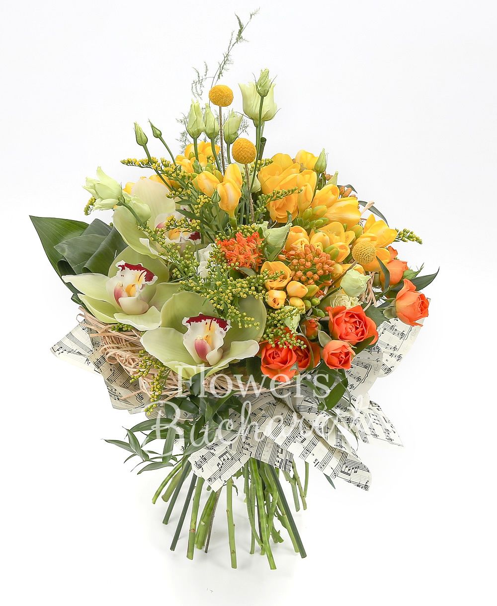 3 cream lisianthus, 10 yellow freesias, 3 orange asclepias, 3 orange miniroses, green cymbidium, 2 solidago, 3 aspidistra, 3 craspedia, greenery