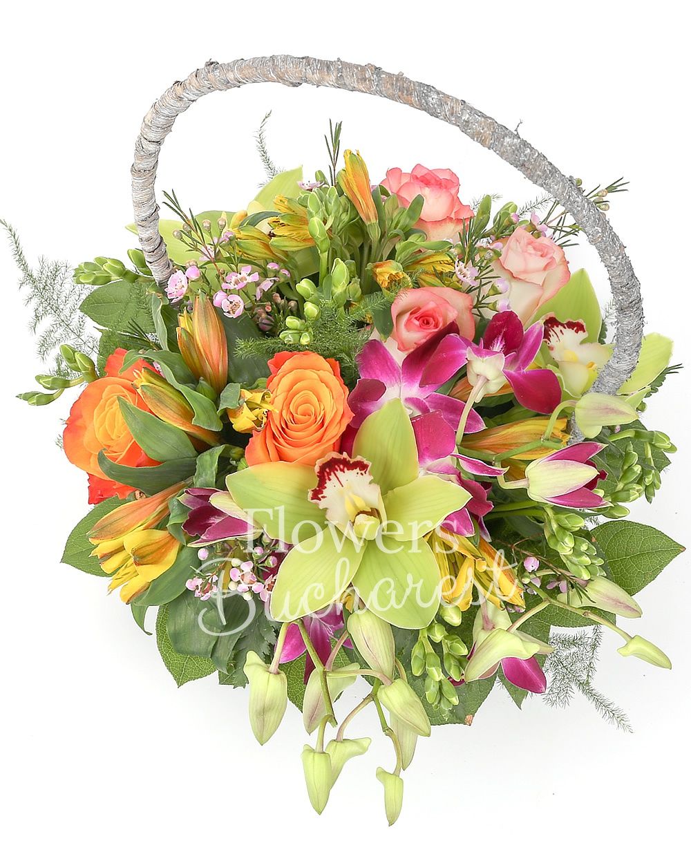 3 orange roses, 2 pink roses, 3 yellow alstroemeria, 3 dendrobium purple orchids, 10 white freesias, 2 pink waxflowers, green cymbidium, greenery