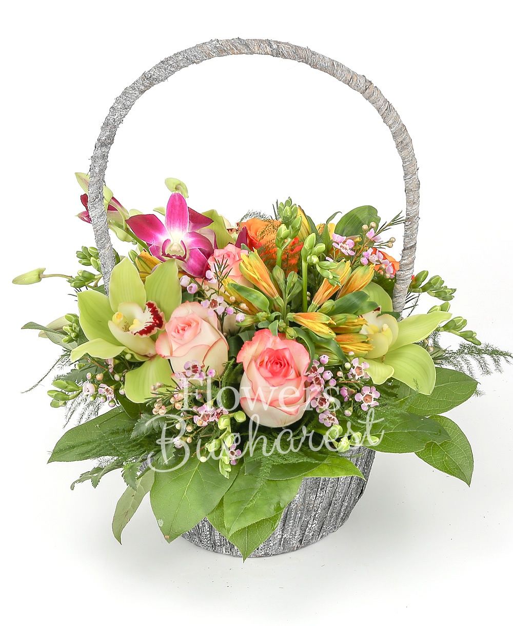 3 orange roses, 2 pink roses, 3 yellow alstroemeria, 3 dendrobium purple orchids, 10 white freesias, 2 pink waxflowers, green cymbidium, greenery