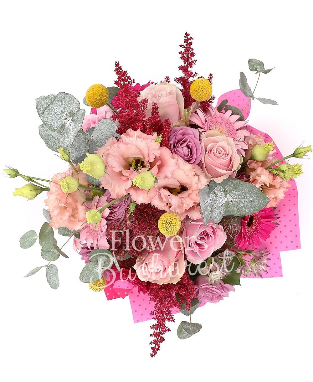 3 astilbe, 3 pink lisianthus, 2 sedum, 5 craspedia, 5 gerbera, 3 astranția, 5 pink roses