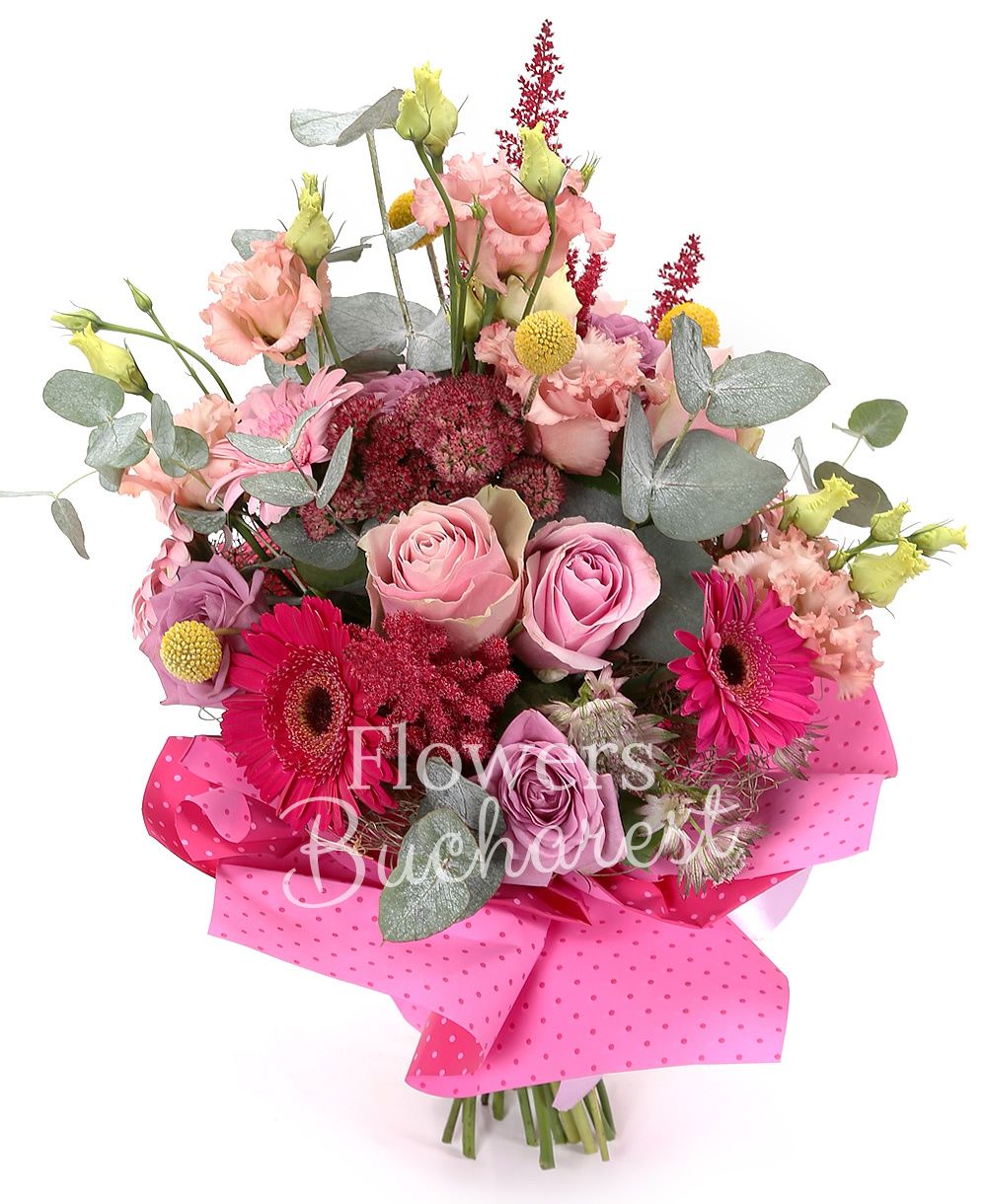 3 astilbe, 3 pink lisianthus, 2 sedum, 5 craspedia, 5 gerbera, 3 astranția, 5 pink roses